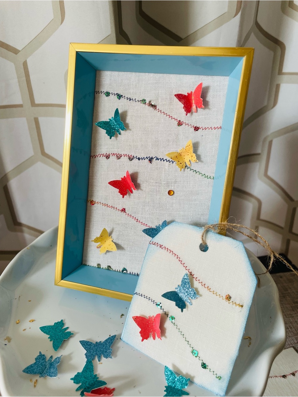 Framed vintage fabric butterfly art